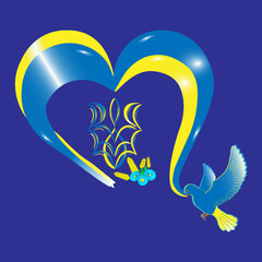 National symbols of Ukraine. Coat of arms of Ukraine & doves  and yellow and blue ribbon in the shape of a heart. Vector illustration
