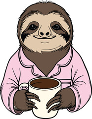 A sleepy sloth in pajamas drinking coffee