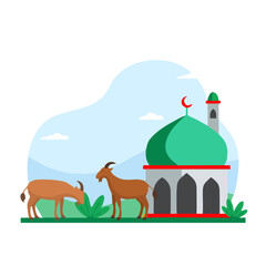 cartoon mosque with green dome, goats grazing in foreground, rolling hills in background, sunny sky with clouds, minimalist landscape illustration

