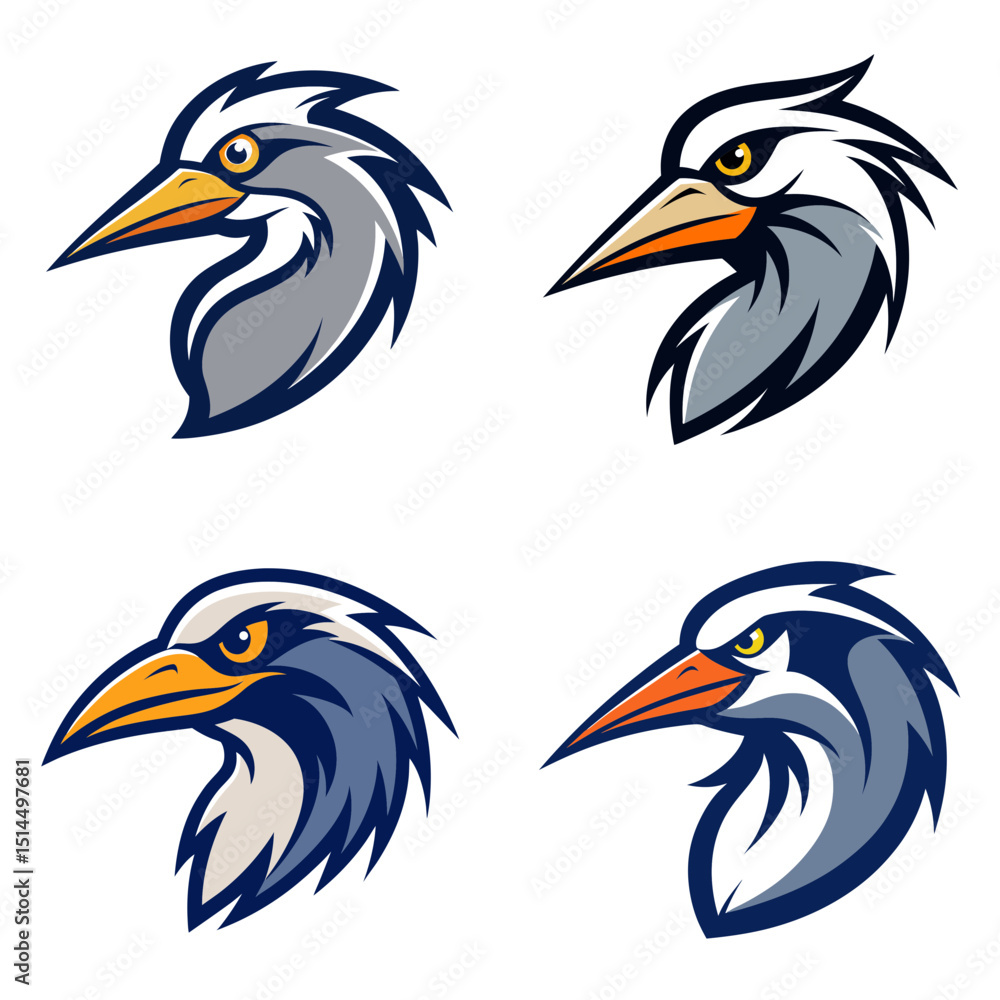 Poster four stylized bird head profiles with varying color schemes and sharp beak designs presented togethe