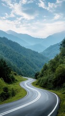 Fototapeta premium Minimalist composition of single winding road disappearing into green forest.