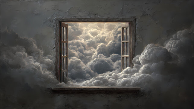 poster for conceptual film | disrupted perception | detached mystery | overcast neutrals | visual contradiction | sky inside walls | optical contradiction | hyperreal brushwork | pre-WWII Europe |