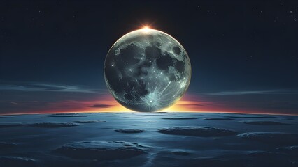 A dramatic and surreal image showcasing a gigantic, textured moon-like sphere rising above a calm, reflective body of water, possibly an ocean or vast lake. The sky is a deep blue with hints of a twil