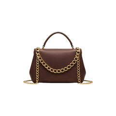 Brown handbag with gold chain handle centered on a white background