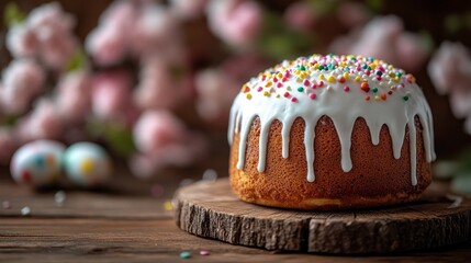 A beautifully crafted kulich cake features a glossy white icing drizzled on top, adorned with vibrant sprinkles, surrounded by festive Easter decorations and floral elements