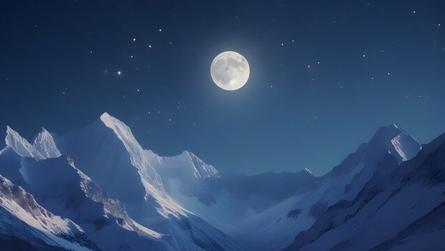 A striking nocturnal landscape depicting a large, full moon positioned high in a deep blue night sky. Below, snow-capped mountains or ice formations rise majestically, creating a dramatic and cold, ye