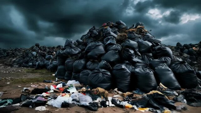 Overflowing landfill of black garbage bags under ominous, stormy sky, representing environmental pollution and waste management challenges.
