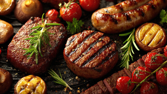 Delicious assorted grilled meats including steak sausage and burger patties garnished with fresh herbs and surrounded by cherry tomatoes and roasted vegetables