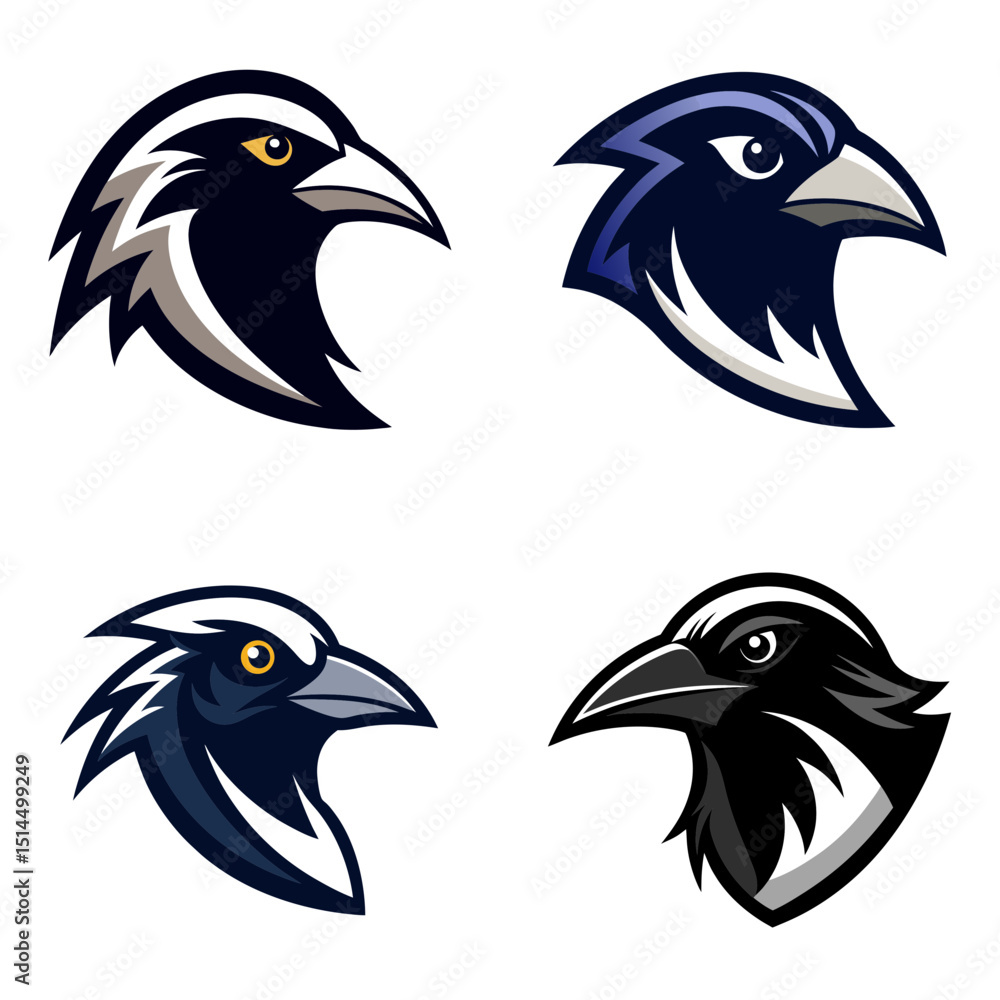 Poster illustration of four raven head designs with varying color schemes and sharp beaks on a white backgr