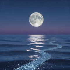 A captivating night scene depicting a prominent full moon hanging in the dark sky above a body of water. A visible path of moonlight extends across the water's surface, appearing almost like a shimmer