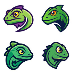 Obraz premium Collection of four stylized green lizard heads with varying features and design elements shown