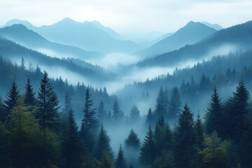 Naklejka premium Trees shrouded in fog in a dense forest.