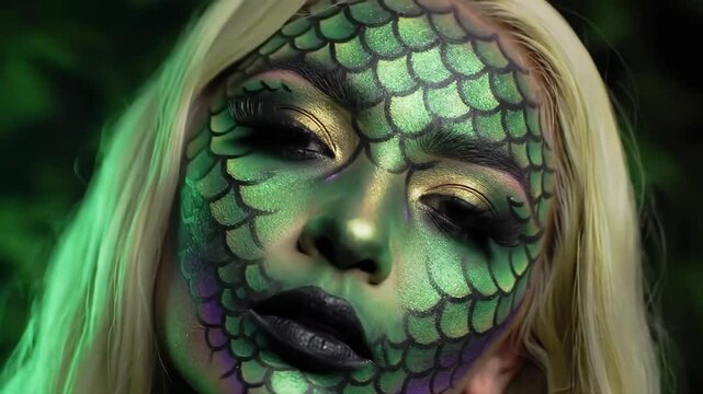 Mythical Creature Halloween Makeup: Woman with Green and Purple Reptile or Mermaid Scales Face Paint, Gold Eyes