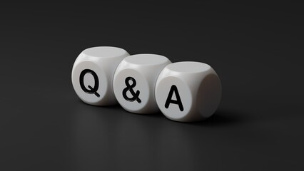 QA Question answer. The wooden dice form the word QA Question answer. Business The concept of QA Question answer is applied in various fields of human activity.3D rendering on black background.