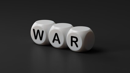 War. wooden dice form the word War. Concept of war and special operations.3D rendering on black background.