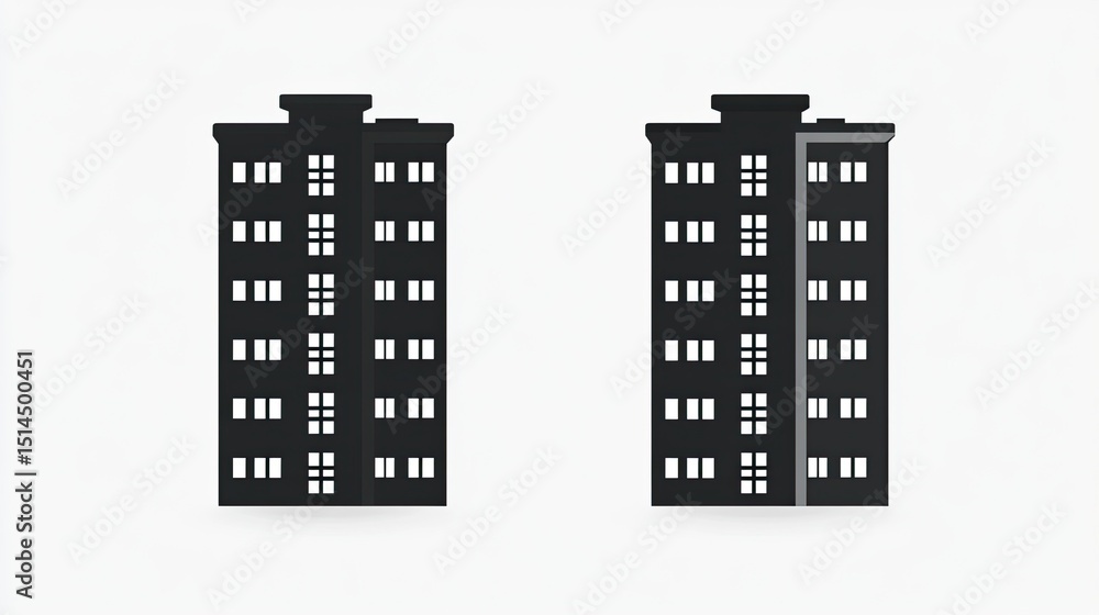 Aufkleber two dark buildings with multiple windows on a white background in a simple vector illustration
