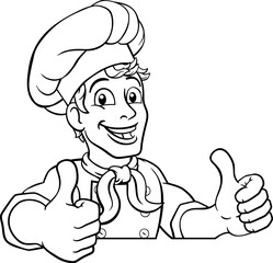 A chef cook or baker cartoon character mascot peeking over a sign and gving a double thumbs up