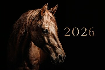 Fototapeta premium Studio portrait of chestnut horse against black background, golden 
