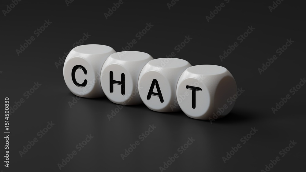 Poster chat.wooden dice spelling.flat lay view from above on wooden dice buttons.it technology concept.3d r