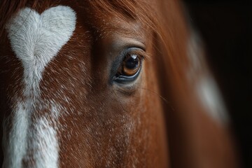 Close up of beautiful chestnut horse with white heart on a head, new year symbol, harmony and love