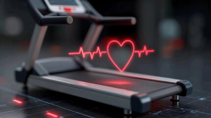 Treadmill with glowing red heart and heartbeat line symbolizes fitness and health