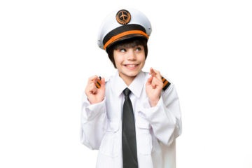 Little girl as a Airplane pilot over isolated chroma key background with fingers crossing
