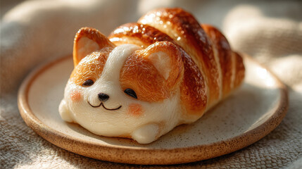 Cute croissant shaped like corgi dog rests ceramic plate