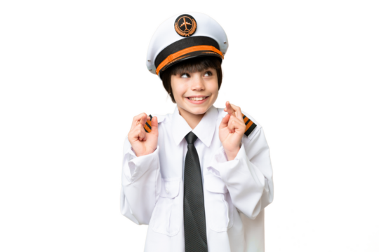 Little girl as a Airplane pilot over isolated chroma key background with fingers crossing