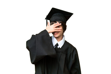 Little university girl over isolated background covering eyes by hands and smiling