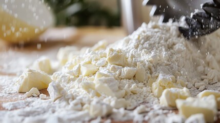 Close up of butter being cut into flour with a pastry blender on a wooden surface in the kitchen