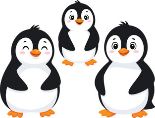 A whimsical vector illustration showcases three cute penguins standing individually
