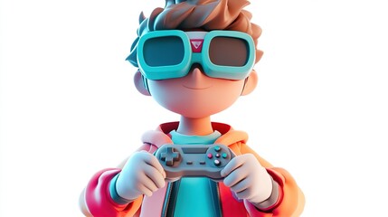 A cheerful 3D-rendered cartoon boy, wearing teal goggles and an orange hoodie, grips a classic-style gamepad, set against a stark white background, exuding a playful, gamer aesthetic