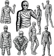 Classic Bandaged Mummies in Various Poses and Expressions for Halloween, Ancient Egypt Themes, and Spooky Graphics