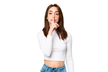 Young caucasian woman over isolated chroma key background showing a sign of silence gesture putting finger in mouth