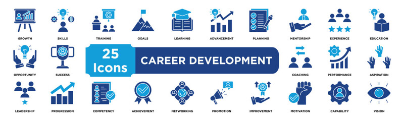 Career Development icon collection set. Containing growth,skills,training,goals,learning,advancement,planning,mentorship,experience,education,icon. Solid vector icons collection.