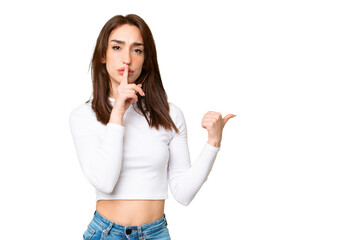 Young caucasian woman over isolated chroma key background pointing to the side and doing silence...
