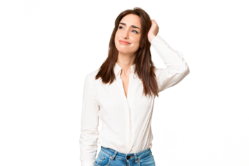 Young caucasian woman over isolated chroma key background having doubts and with confuse face expression