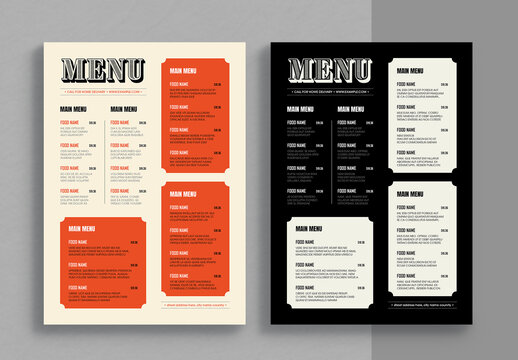 Retro Modern Restaurant Menu Template in Editable Print Layout