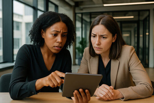 women looking at a tablet together. - Powered by Adobe