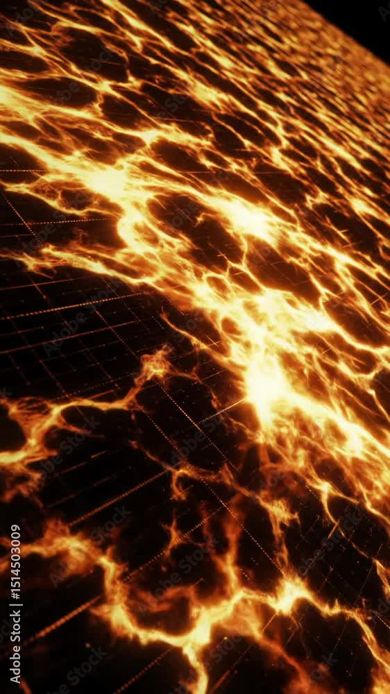 Poster a dynamic, abstract digital background video with dark grids over intensely flickering orange and ye