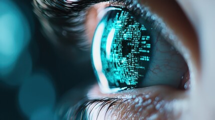 A human eye with digital data reflections, symbolizing technology, artificial intelligence, and the fusion of biology and information.