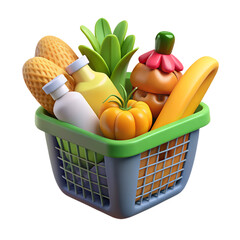 3d Freshly isolated shopping basket overflowing with colorful market vegetables