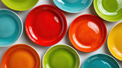 Colorful ceramic bowls in various vibrant shades arranged on a wooden surface for decorative or serving purposes with shiny glossy finish and smooth curved edges