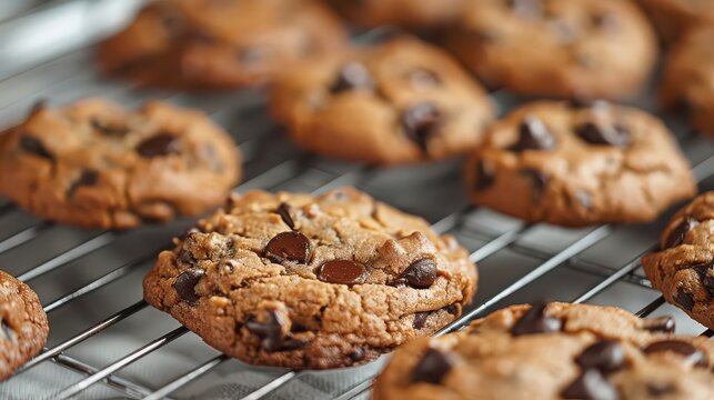 A close up of freshly baked chocolate chip cookies cooling on a metal wire rack after baking time