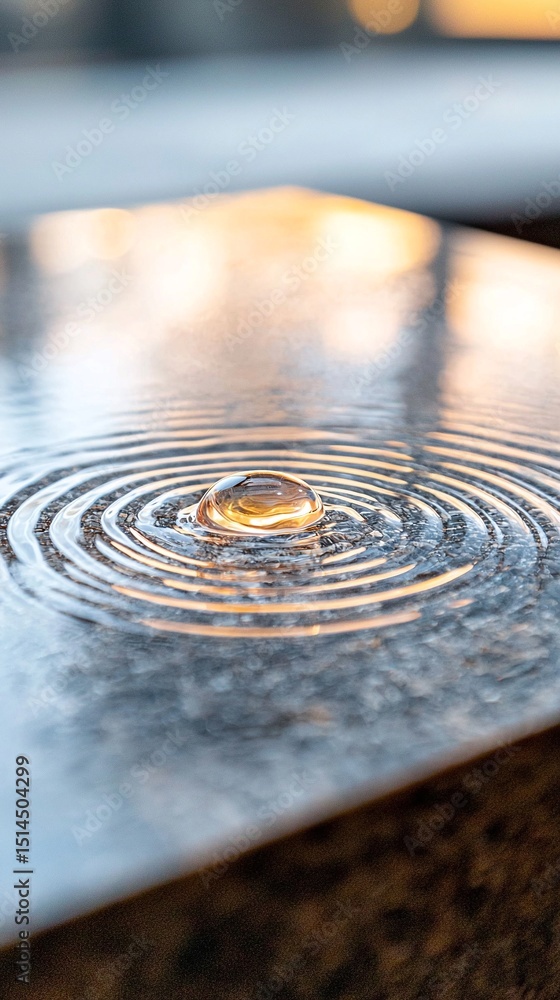 Poster water drop creating concentric ripples on a smooth grey surface
