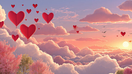 Fototapeta premium Love in the Sky: Hearts float gently against the backdrop of a romantic sunset sky filled with fluffy clouds and colorful hues, embodying the essence of love and affection.