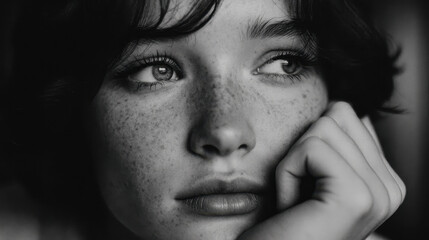 Close-up portrait of a young woman with dark hair and freckles resting her face on her hand, black and white image highlighting natural beauty and thoughtful expression