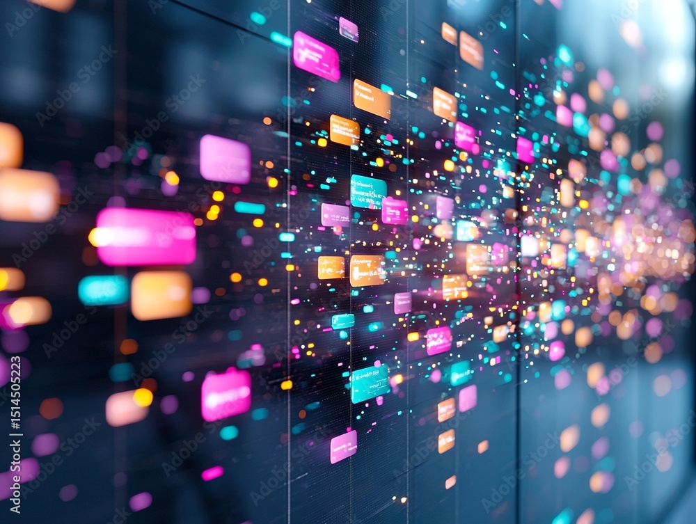 Poster abstract data stream visualization: glowing pink orange teal data flow on dark background