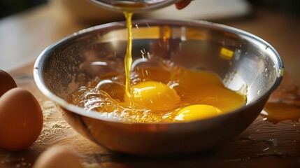Pouring oil into a bowl with eggs next to brown eggs on a wooden table surface in a kitchen setting