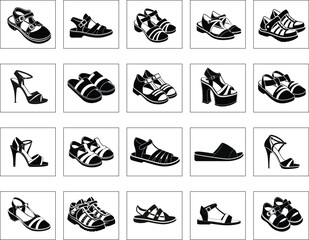 Black and White Shoe Icons Set – High Heels, Sandals, Sneakers, Flats, Flip-Flops – Vector Silhouette Collection